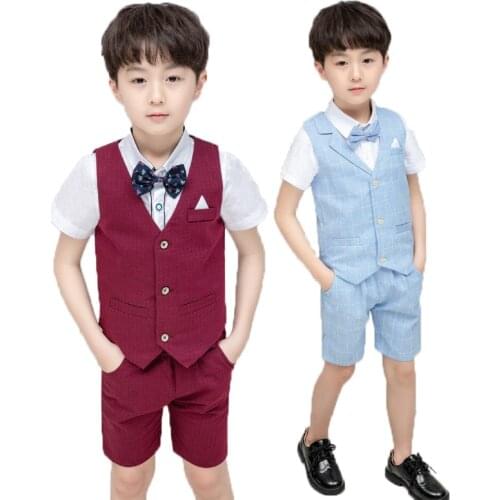 Flower Boys Birthday Party Tuxedo Formal Vest + Pants 2Pcs Weddings Suit for School Kids Children Piano Prom Performance Costume