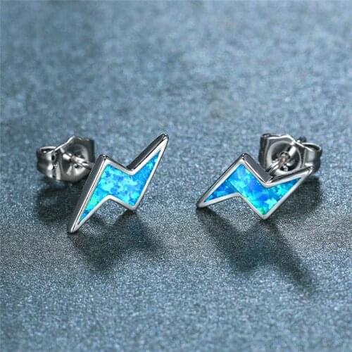 Luxury White Blue Opal Stone Earrings Cute Lightning Small Stud Earrings Fashion Bridal Silver Color Wedding Earrings For Women