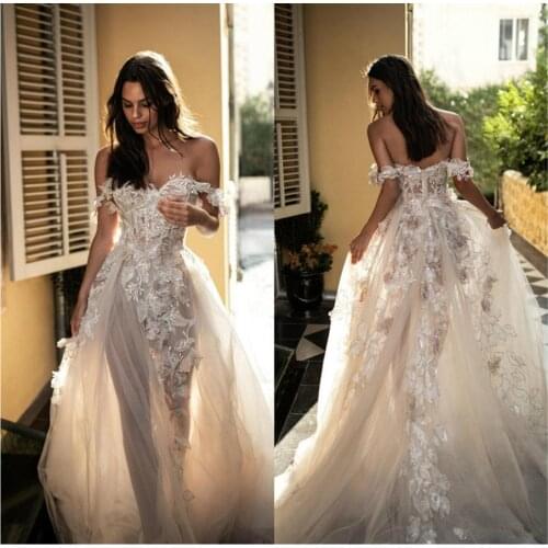 Wedding Dress 2021 Bohemian Beach Off The Shoulder Lace 3D Floral Applique Boho Bridal Dress Custom Made A Line Vestido De Noiva