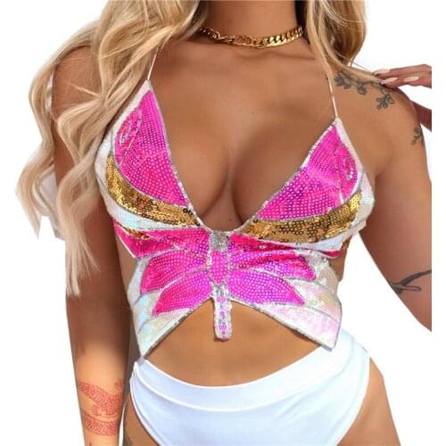 Sexy Top Party Camis Tank Top Women Clothing Holiday Fashion Streetwear Summer Cropped Top Women Sleeveless Sequins Butterfly
