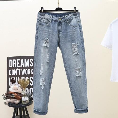 Plus Size 5XL Hole Light Blue Jeans Woman 2020 Spring Summer High Waist Boyfriend Style Fashion Denim Pants Female Jean Y197