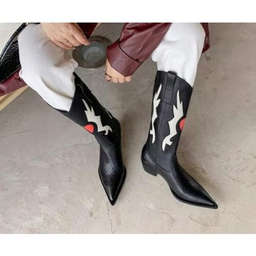 New Women Black Heart Patchwork Pointed Toe Mid-calf Boots Female 5 CM Chunky Heels Slip On Retro Cowboy Embroidery Knight Boots