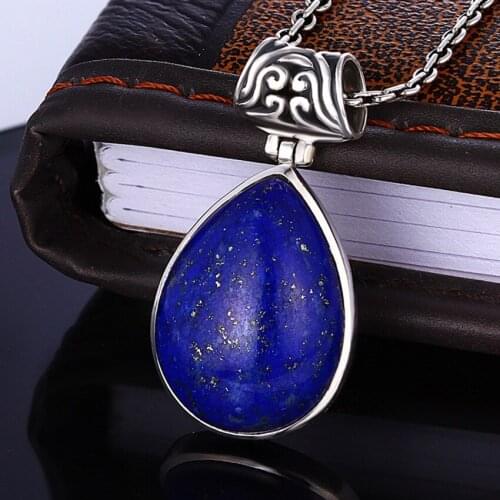 Retro Royal Lapis Gemstone 100% 925 Sterling Silver Natural Afghan Lapis Pendant Necklace Female Fine Jewelry