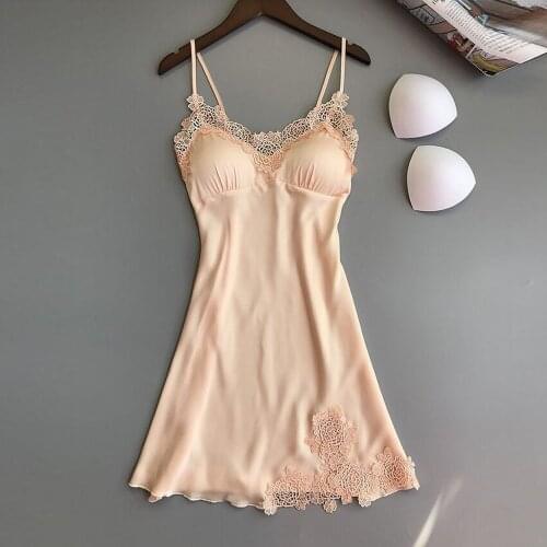 Womens Sexy Lingerie Summer Silk Night Gown Lace Patchwork Mini Night Dress Spaghetti Strap Sleepwear Ladies Chest Pad Homewear