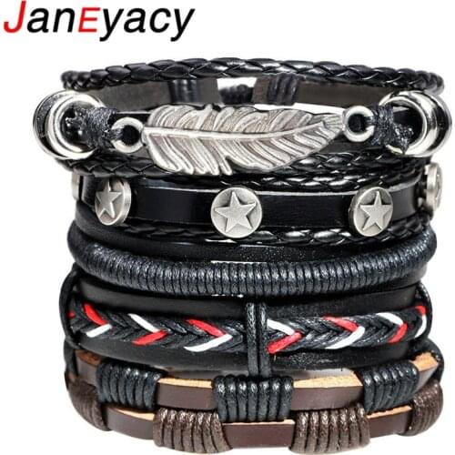 Janeyacy 1set/5pcs Black Leather Bracelet Brave Knight Men Bracelet Women Bracelet Feather Multilayer Bracelet Men Punk Pulseira
