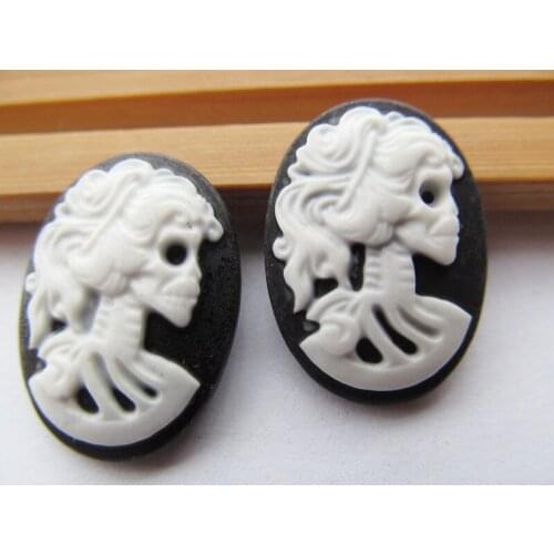 100pcs 18x25mm Black/White Oval Flatback Resin Beauty Skull Head Cameo Charm Finding,Phone Decoration Kit,DIY Accessory Jewellry