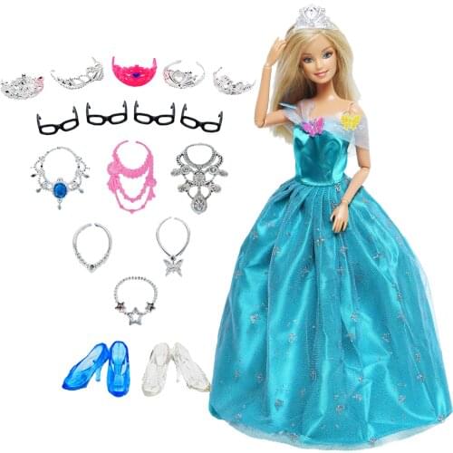 14 Pcs/Lot = 1x Blue Wedding Dress Ball Gown + 5x Crowns + 6x Plastic Necklaces + 2x Shoes Accessories Clothes For Barbie Doll