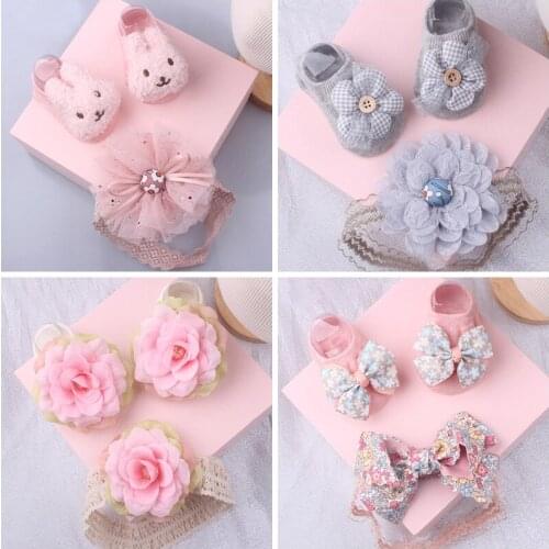 2 Pcs/Set Baby Girl Headband Socks Lace Pearl Bows Newborn Baby Turban Anti-slip short Socks Kids Elastic Hair Bands Accessories