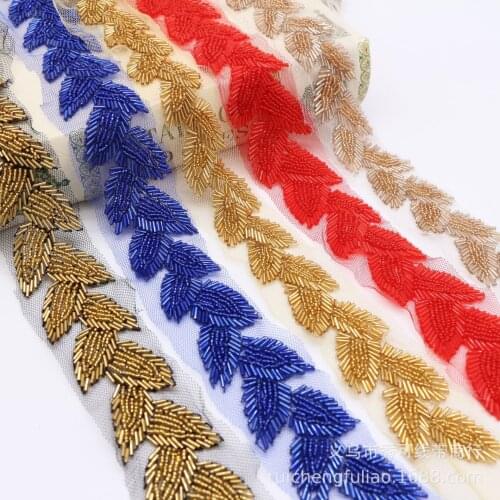 2Yards Red Blue Gold Pearl Beaded Leaf Lace Trim Collar Ribbons African Lace Sewing Materials Crafts For Clothes Wedding Dress