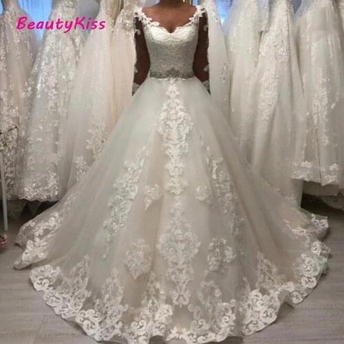 V-Neck Tulle Ball Gown Wedding Dress Robe De Mariee Fashion Long Sleeves Applique Rash Crystals Formal Bride Dress