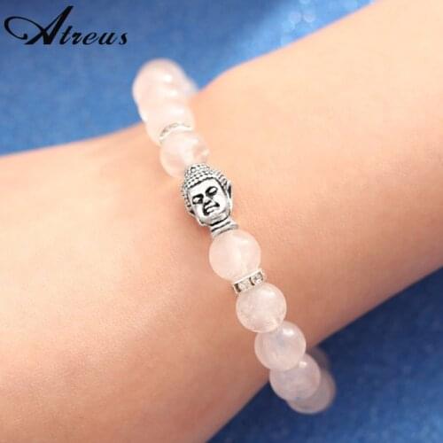 Lucky Pink Crystal Beads Elastic Beaded Bracelets Religious Buddha Head Charms Bracelet For Women Men Wristband Jewelry Gift