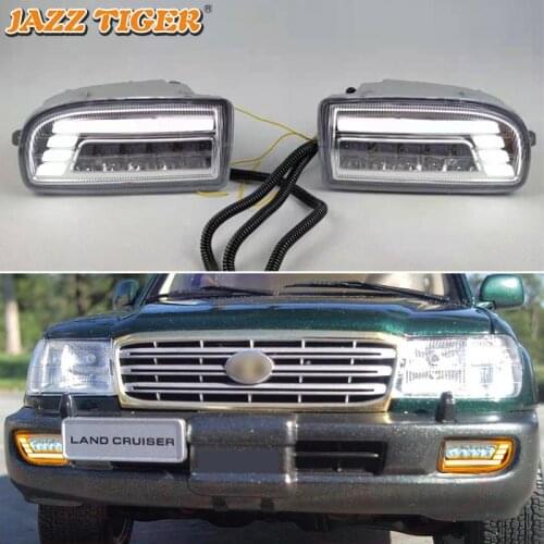 JAZZ TIGER 2PCS Yellow Turn Signal Function 12V Car DRL LED Daytime Running Light Fog Lamp For Toyota Land Cruiser LC100 FJ100