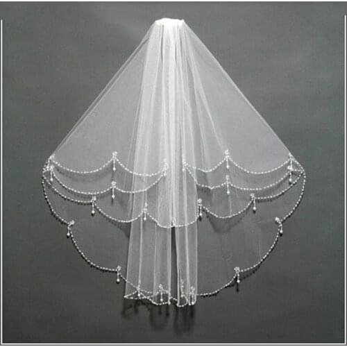 Real photos Beading Edge Wedding Bridal Veil White Ivory Bride Two Layers Elbow Length Veil pearl wedding vail