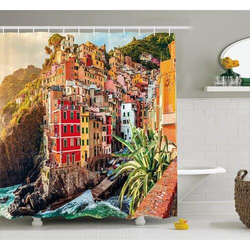Italy Shower Curtain Riomaggiore at Sunset Cinque Terre National Park Cliff and Coast Scenic Panorama Waterproof Bath Curtains