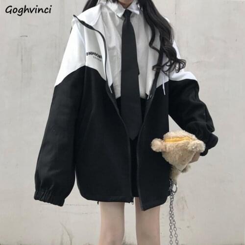 Basic Jackets Women Zipper Hooded Preppy Patchwork Oversize JK Student Baggy Baseball Spring Clothes Female Ins BF Harajuku Coat