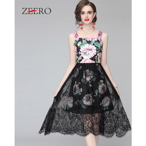 Summer Women Sexy Floral Print Spaghetti Strap Dresses Elegant Female Lace Patchwork Vintage Midi Beach Green Dress Plus Size