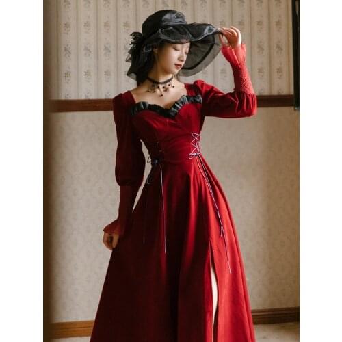 Fashion Girl Autumn Gorgeous Retro Dresses Puff Sleeve Thin Bilateral Bowknot Lady Chic Sexy Square Neck Party Dress Red Vestido
