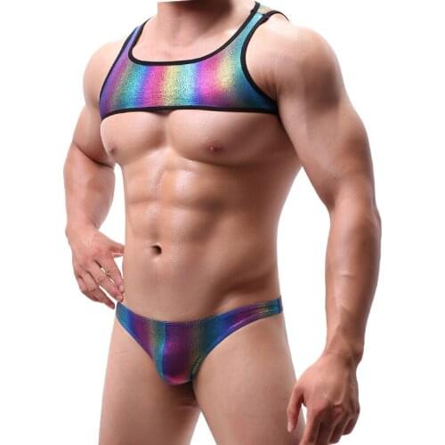 Mens Chest Harness Bondage PU Leather Lingerie Tanks Bodybuilding Muscle Shoulder Strap Fetish Rainbow Shiny Crop Tops Catsuit