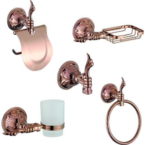 Rose Gold Bathroom Accessories Set Toilet Paper Holder Towel Hanger Ring Bathrobe Hook Shower Soap Basket Cup Holder Wall Mount