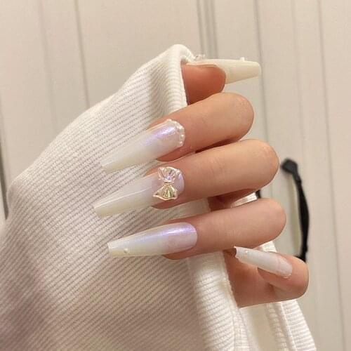 24pcs Fake Nails With Designs Pearl White Bow Wear Long Paragraph Fashion Manicure Patch False Nails Wearable Press On Nials DL