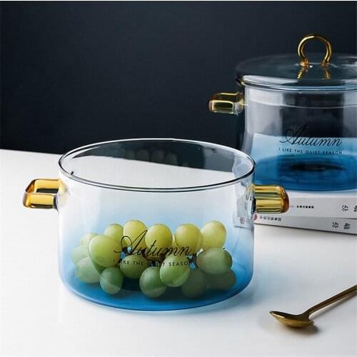 Nordic Creative Transparent Gradient Blue Glass Bowl With Lid Heat Resistant Rice Noodle Bowl Fruit Food Container Tableware