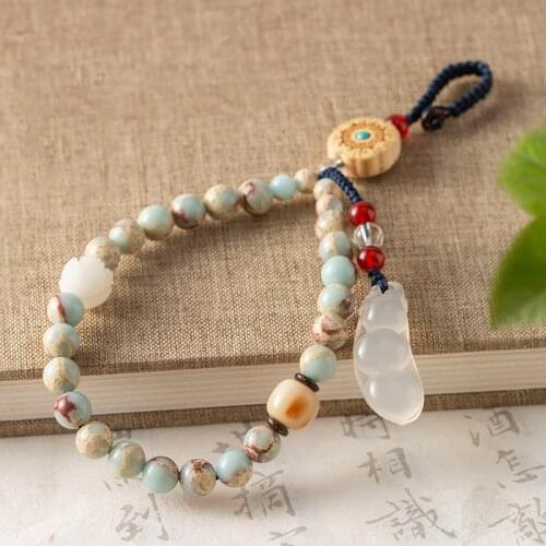 Handmade Shoushan Agalmatolite Stone Beads Hanging Wrist Mobile Phone Rope Bracelet Retro Short Lanyard Removable Car Keychain