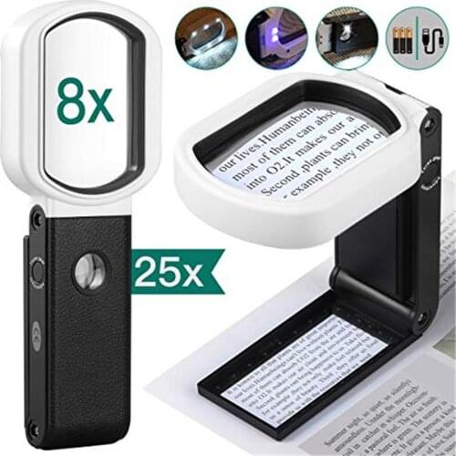 25X 8X Handheld Microscope Folding Magnifier Stand Loupe With Light For Textile Optical Foldable Magnifying Glass Tool