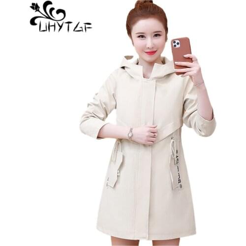 UHYTGF Women Trench Coat New Fashion Hooded Casual Thin Spring Autumn Windbreaker Female Mid-Length Loose Plus Size Outwear 1567