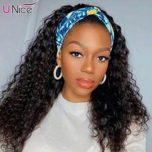 Unice Hair Headband Wig Water Wave Glueless Human Hair Wigs With Pre-attached Headband Natural Color 150% Density