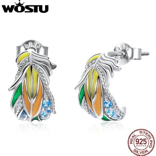 Wostu 2021 Earrings 925 Sterling Silver Colorful Feather Stud Earrings Fine Jewelry for Women Unique Brincos Design DXE1128