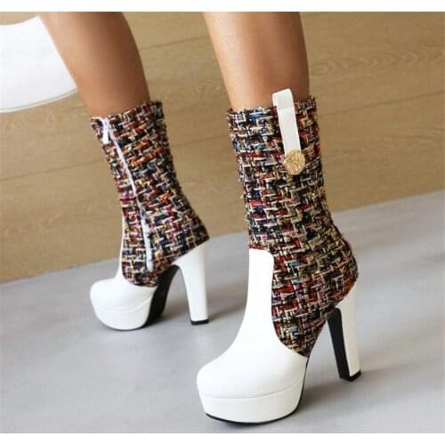PXELENA 2021 NEW Chic Patchwork Super High Heels 12CM Mid Calf Boots Women Winter Shoes Lady Party Office Work Large Size 34-48