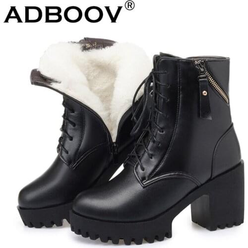 ADBOOV Genuine Leather High Heel Boots Women Real Wool Winter Ankle Boots Double Zips Chunky Women Booties