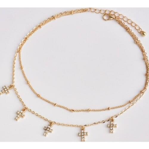 Women Jewelry Double Alloy Small Cross Tassel Pendant Round Bead Chain Necklace for Exquisite Gift