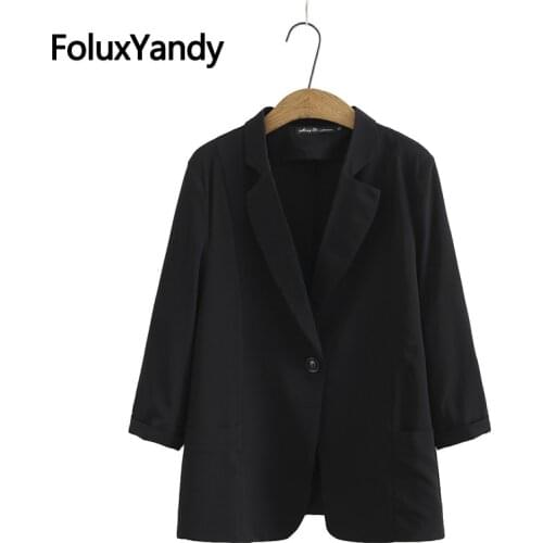 Spring Autumn Womens Blazer Plus Size Coat Outerwear 3XL 4XL 5XL Three Quarter Sleeve Office Lady Jackets Black FKKFY5405