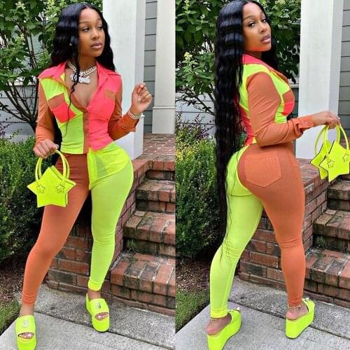 Color Block Patchwork Two Piece Set Women Pockets Long Sleeve Shirt Top Pants Suit Streetwear Bodycon Matching Sets Club Outfits