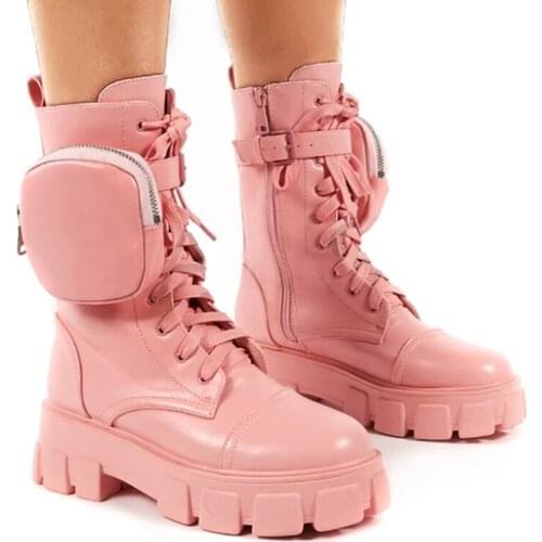 Winter Fashion Motorcycle Boots Wedges Flat Boots Woman High Heel Platform Leather Boots Lace Up Women Shoes Black Botas Mujer