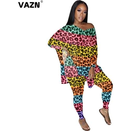 VAZN Special 2020 early autumn sexy lady rose yellow leopard 2-piece set full sleeve V-neck long tees pencil pants set daily set