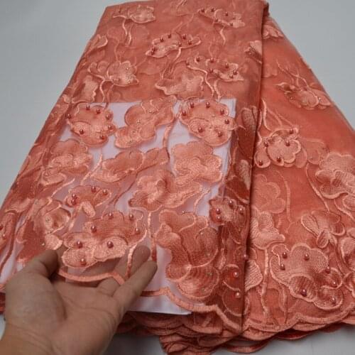 5yards/pc) wonderful embroidered African French net lace peach tulle lace fabric with beads for party dress FLP238