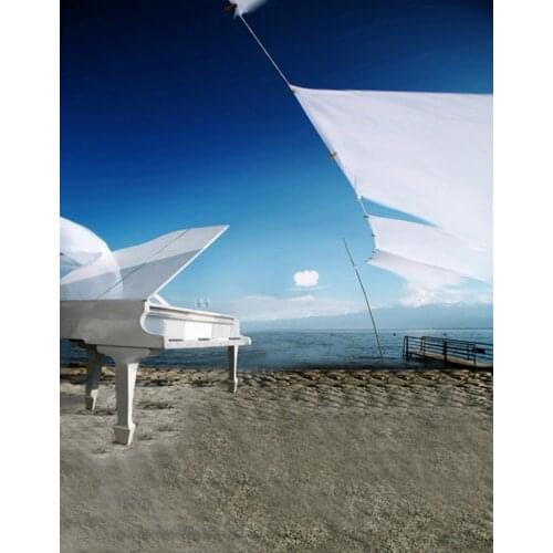 5x7ft White Piano on Beach Sea Photography Backdrops Photo Props Studio Background