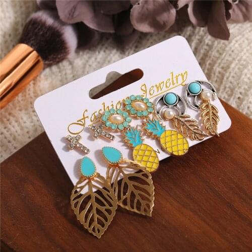 F933a2 hanzhishanger ornament leaf flower Bohemian Earring Set 6 pairs