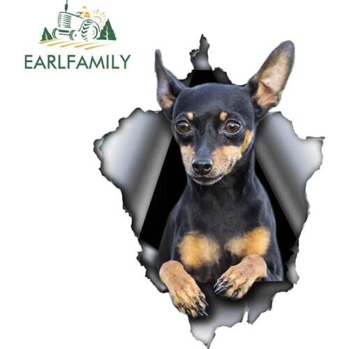 EARLFAMILY 13cm x 9.7cm Pinscher Dog Car Sticker Torn Metal Decal Waterproof 3D Car Decals Reflective Vinyl Pet Dog Stickers