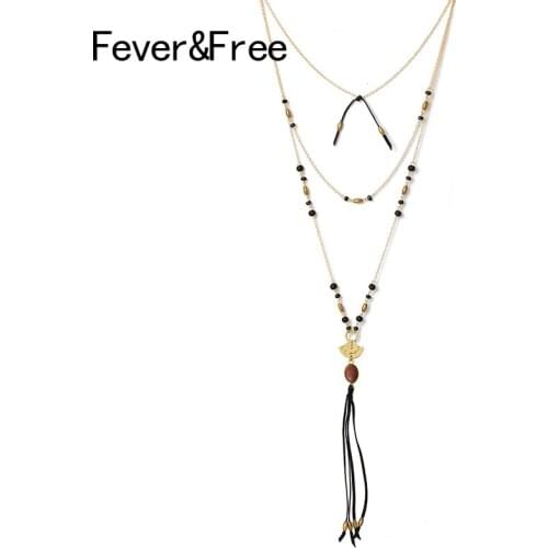 Fever&Free Boho Gold Chain Glass Beads Fringe Tassel Pendant Necklace For Women Multilayer Collar Bohemia Jewelry Gift Wholesale