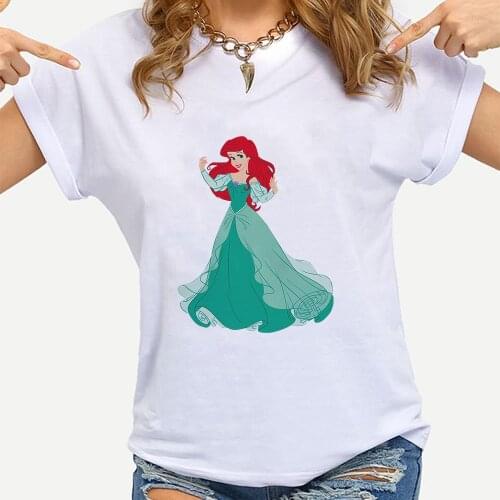 Noble Princess Ariel Women T-shirt Disney The Little Mermaid Print Cartoon Shirt White Summer Fall Young Style Female T Shirt