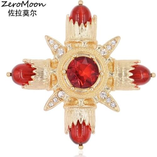 Vintage Metal Cross Brooch Crystal Rhinestone Four-pointed Star Red Resin Stone Women Clothing Accessory Fashion Jewelry