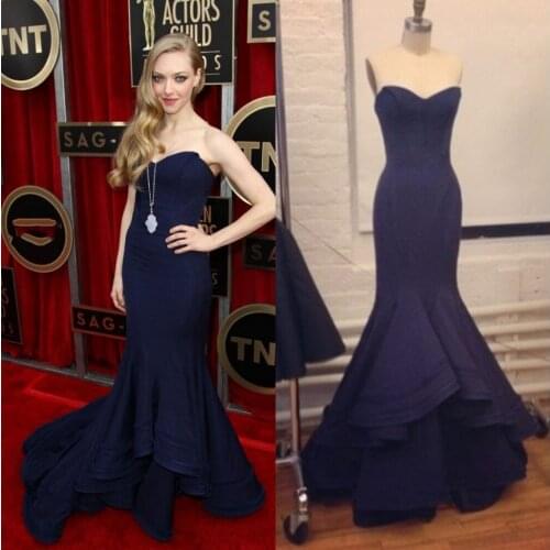Classical Women Mermaid Evening Prom Gown Sweetheart Off Shoulder Navy Blue Satin Floor Length Wedding Party Dress