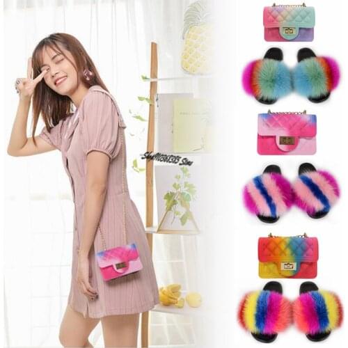 Women Lingge Jelly Bag Set Chain Bag Fashion Shoulder Messenger Bags Furry Fox Fur Slippers Ladies Home Fluffy Soft Flat Slides