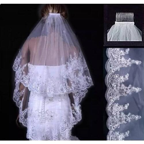 Elegant Wedding Veil with Sequined Lace Edge Two Layer Bridal Veils