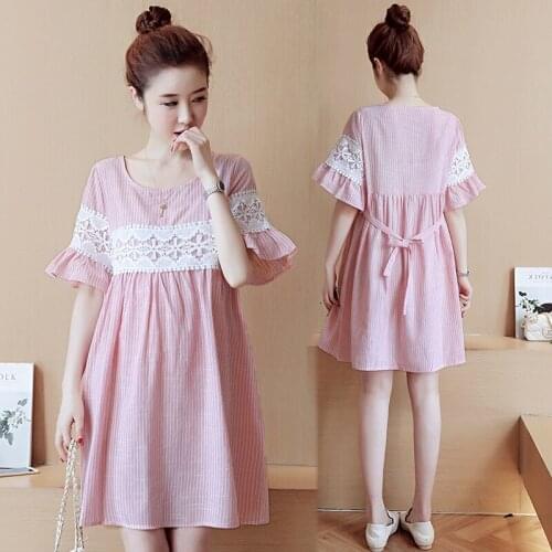 Summer Cotton Maternity Dress Striped Patchwork Lace Ruffles Short Sleeve Dress Cute Pregnant Clothes Maternity Casual Dresses