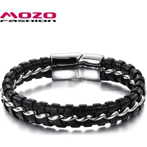 MOZO FASHION Hot Brand Man Charm Jewelry Leather Rope Chain Bracelets Stainless Steel Magnetic Buckle Wristbands Pulseras MPH898
