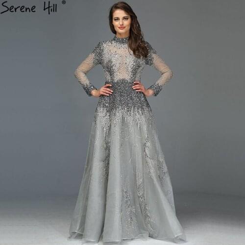 Muslim Grey Luxury Long Sleeves Evening Dresses 2020 Latest Design Crystal High Neck Formal Dress Serene Hill LA60975